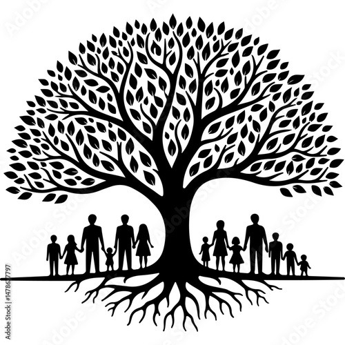 Black and white vector silhouette of a large familly tree on white background