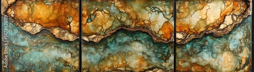 Triptych of abstract, layered earth tones.