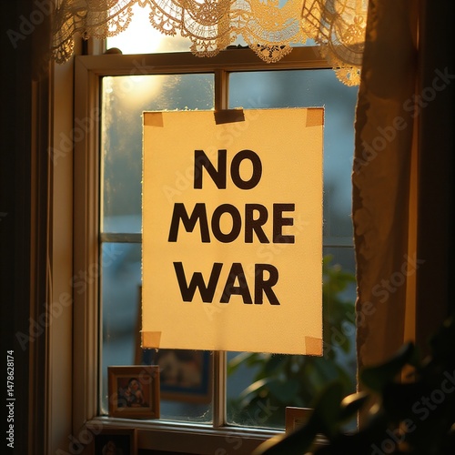 No more war poster taped inside home window, backlit by soft morning light, symbolizing quiet family activism, love, and unity