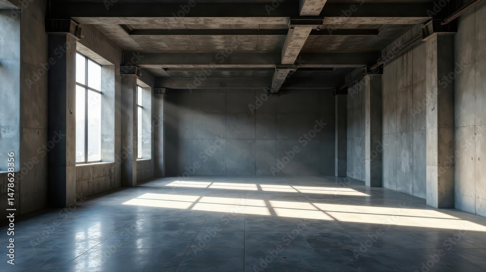 Sunlit Empty Industrial Space Expansive Concrete Room with Large Windows and Exposed Beams Sunlit Empty Industrial Space Expansive Concrete Room with Large Windows and Exposed Beams