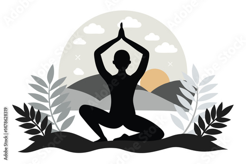 Black Silhouette Yoga on Nature Background Vector Illustration