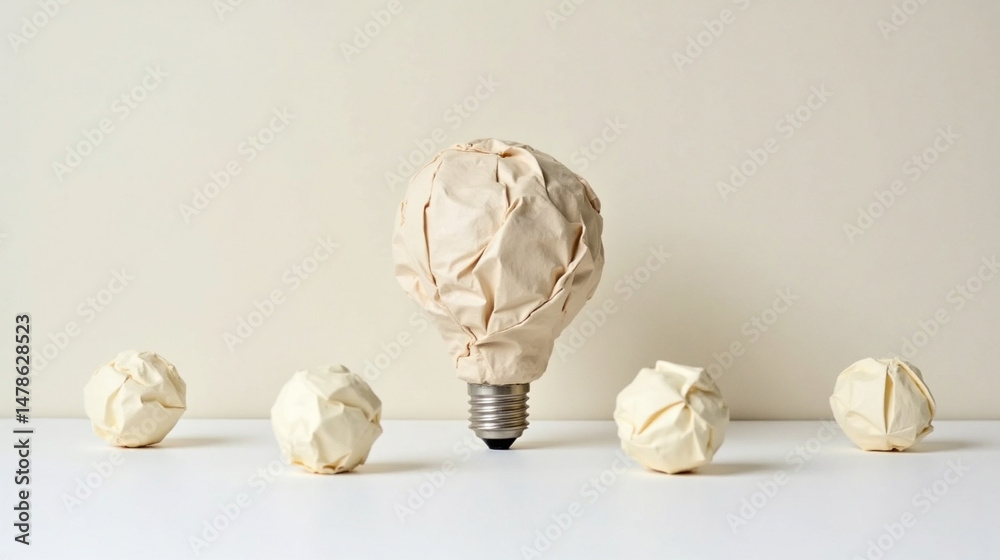 Naklejka premium A crumpled paper ball shaped like a lightbulb screwed into a bulb base on white background