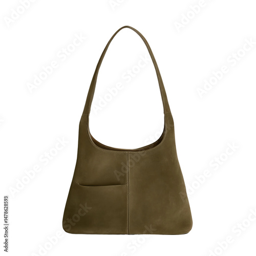 A stylish olive green suede handbag with a single strap. The handbag has a front pocket for extra storage. The handbag is perfect for casual wear.