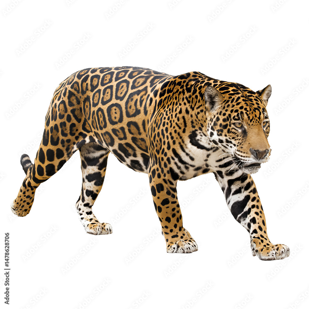 Fototapeta premium A powerful jaguar with a beautiful spotted coat walks with an air of confidence. The jaguar's gaze is intense, and it is clear that this is a formidable predator