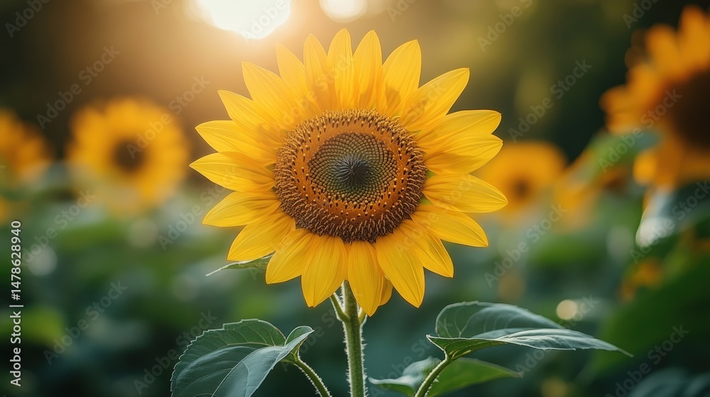 Fototapeta premium Vibrant sunflower in a field, bathed in golden sunlight