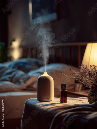 Ceramic aroma diffuser emits mist in cozy night scene with warm lighting, creating relaxing atmosphere