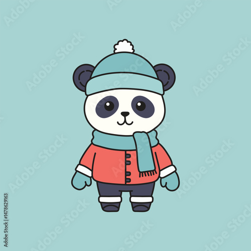 Adorable cartoon panda character dressed in winter clothing including a beanie hat, scarf, mittens, and a warm jacket. Perfect for children's illustrations, winter themes, holiday designs, and mascot 