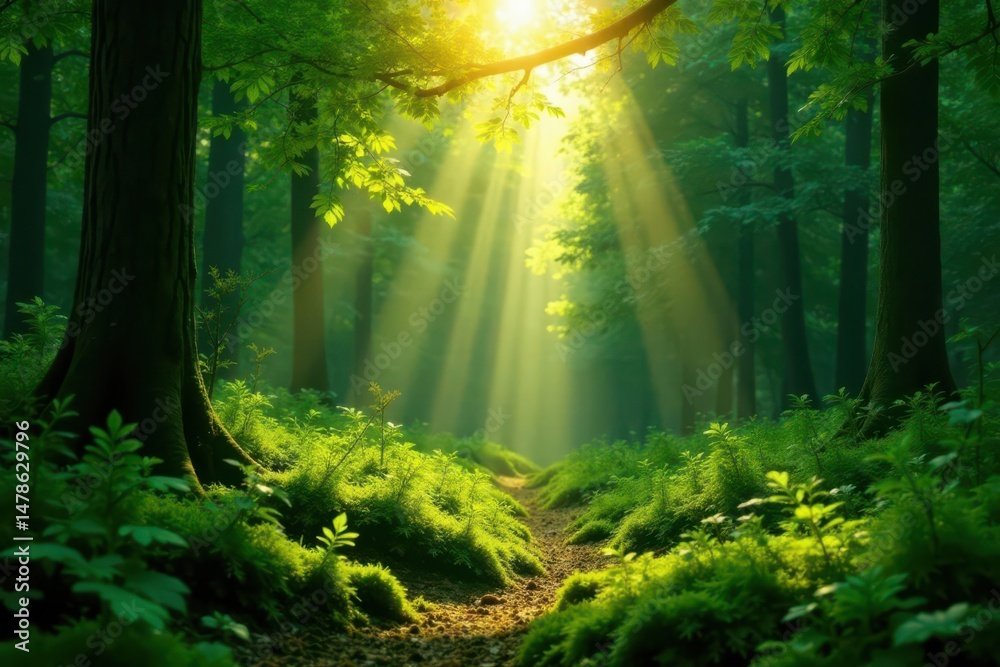 Fototapeta premium Sunlit Path Through a Lush, Verdant Forest, with Beams of Light Illuminating the Mossy Undergrowth and Majestic Trees