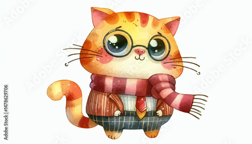 Funny watercolor cartoon cat
