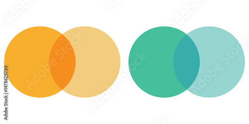 Set of Venn diagram chart vector template two circle color style for presentation, start up project, business strategy, theory basic operation, infographic. Technology logo illustration. Business icon