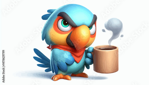 Grumpy parrot with a cup of coffee