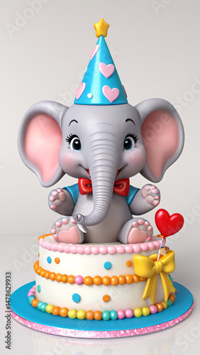 An elephant in a party hat sits on a birthday cake