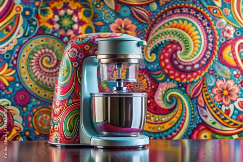Panoramic Modern Paisley Kitchen Gadget Stock Photo: Stylish Print on Blender