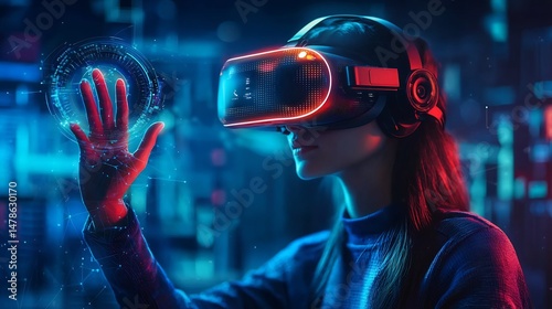 Ai powered virtual reality headset, a gamer controlling a digital simulation with advanced hand tracking technology, sci fi background – high-quality AI image