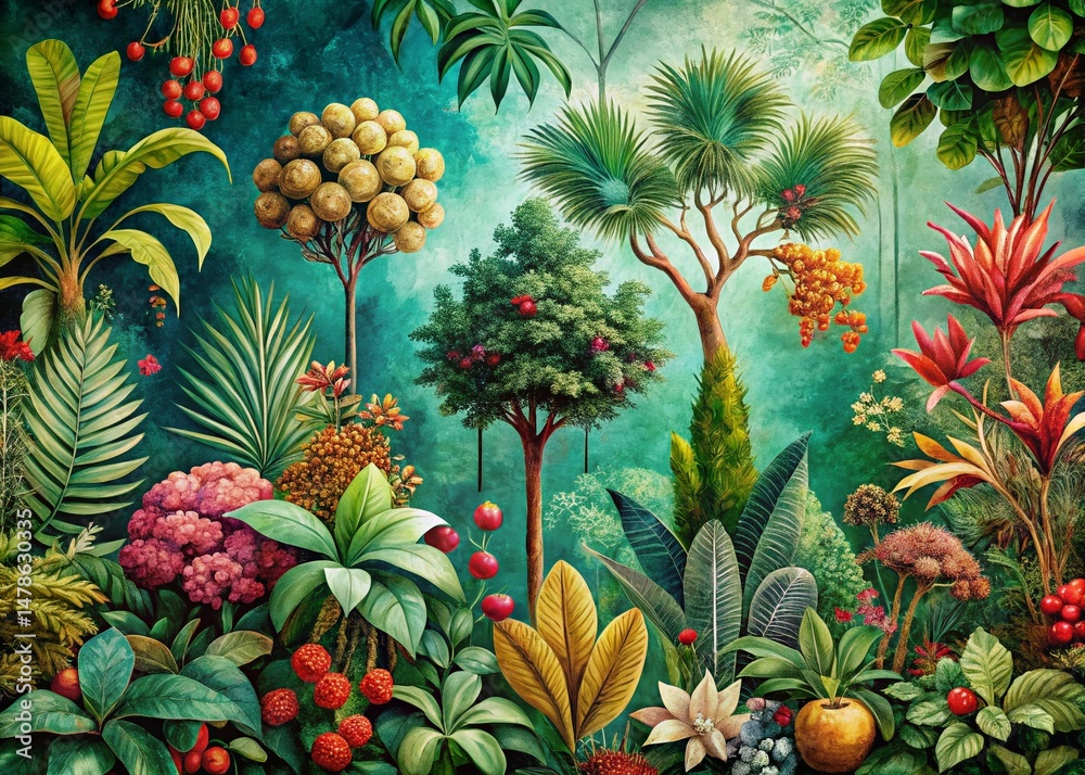 Fototapeta premium Panoramic Nature-Inspired Plant & Tree Illustrations on Textured Wallpaper Background