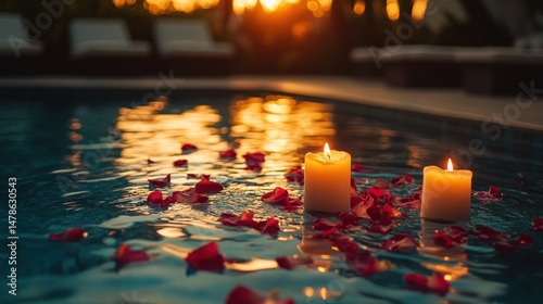 Romantic Sunset Poolside Serenity: Two Candles Floating Amidst Rose Petals