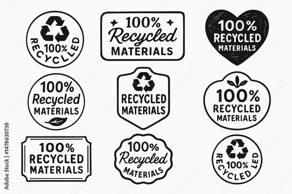 Obraz premium 100% recycled materials eco product labels and sustainability vector badge set