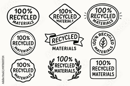 100% recycled materials eco product labels and sustainability vector badge set