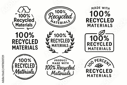 100% recycled materials eco product labels and sustainability vector badge set