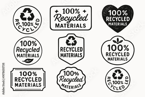 100% recycled materials eco product labels and sustainability vector badge set