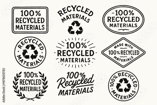 100% recycled materials eco product labels and sustainability vector badge set