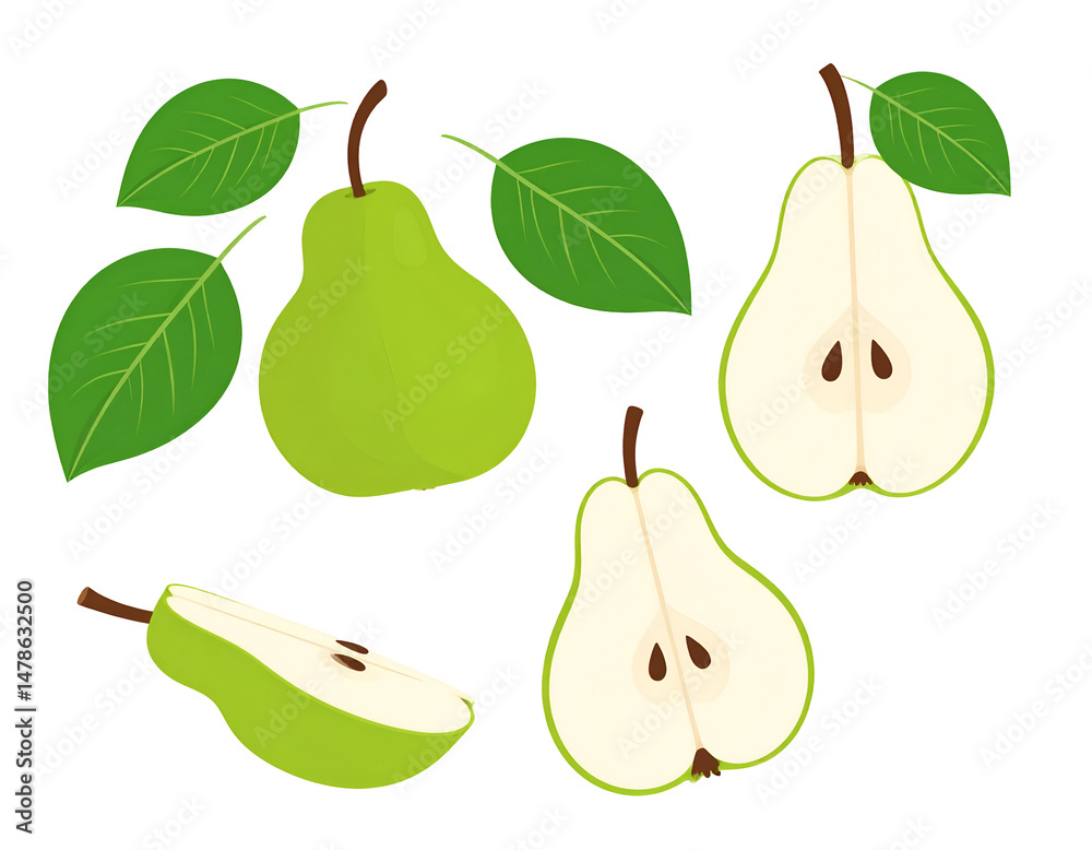 Obraz premium Pears, whole and sliced, with leaves