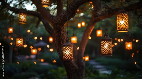 Enchanted Evening: Glimmering Lanterns Hanging from Tree Branches