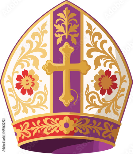 Elegant Vector Papal Mitre with Golden Cross and Floral Ornaments – Flat Design Bishop Hat Illustration Isolated on White
