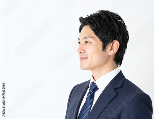 Side View of Smiling Japanese Businessman in Suit with White Background