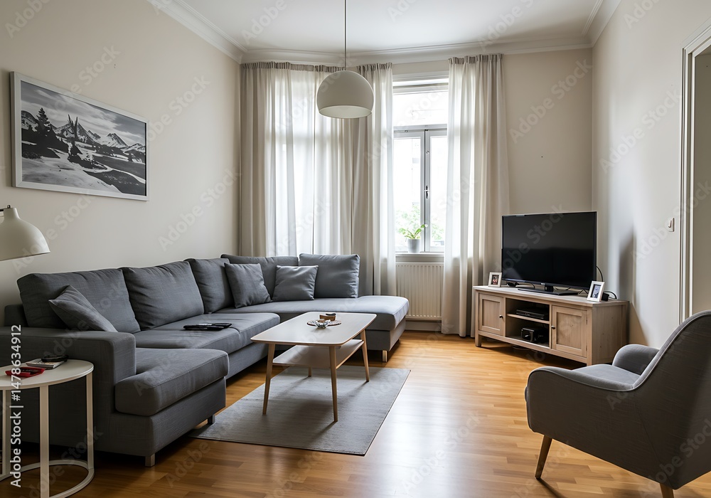 Cozy living room with gray sectional sofa, armchair, and modern decor Cozy living room with gray sectional sofa, armchair, and modern decor