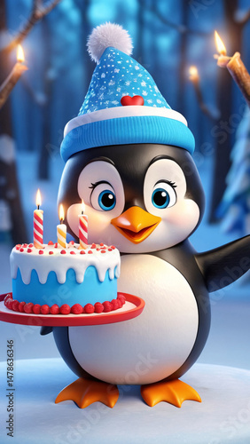 A cute penguin, adorned with a colorful hat, holds a lovely birthday cake