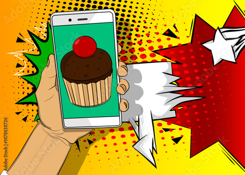 Cartoon Smartphone, comic book Telephone with Cupcake. Retro vector comics pop art design.