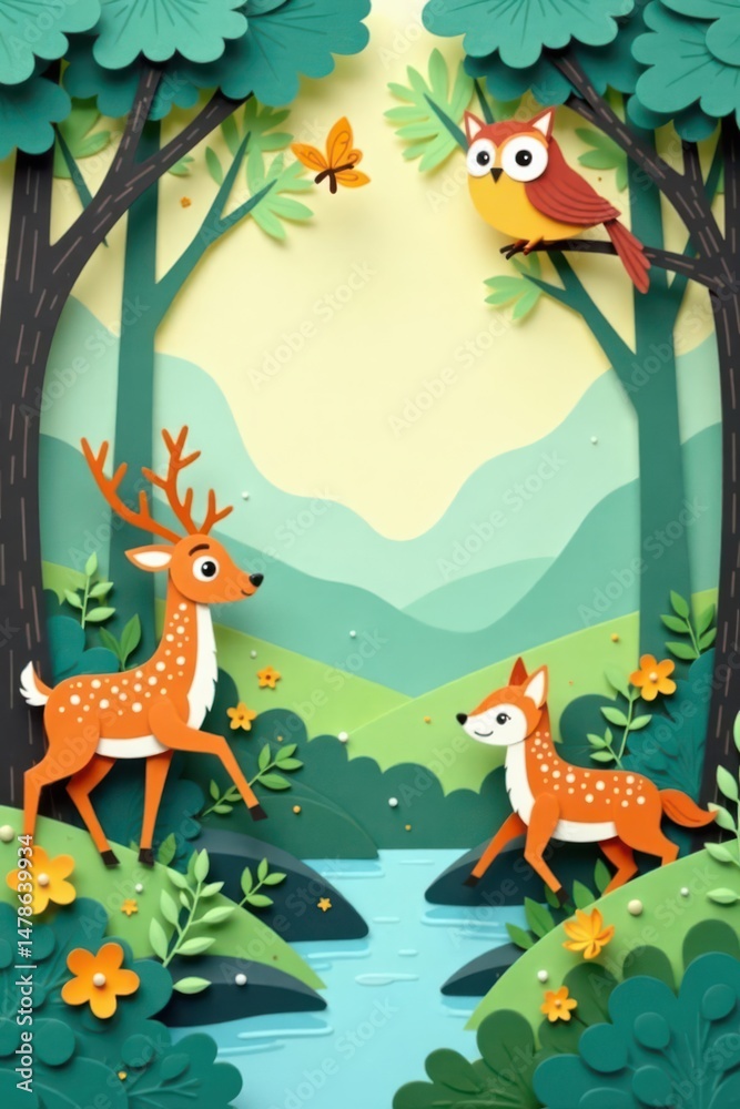 Obraz premium Whimsical Papercraft Forest Scene Featuring Deer, Owl, and Butterfly near a Stream