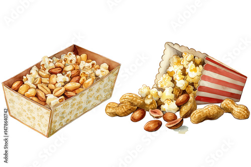 Mixed Snack Box With Popcorn And Peanuts On Transparent Background