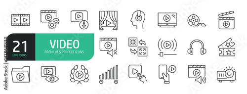 Set Of Video Line Icons. Contains such icons as Subtitles, Video Chat, Filmstrip, Video Rating, Teater Stage, Film Reel, Camera, Projector, and more.