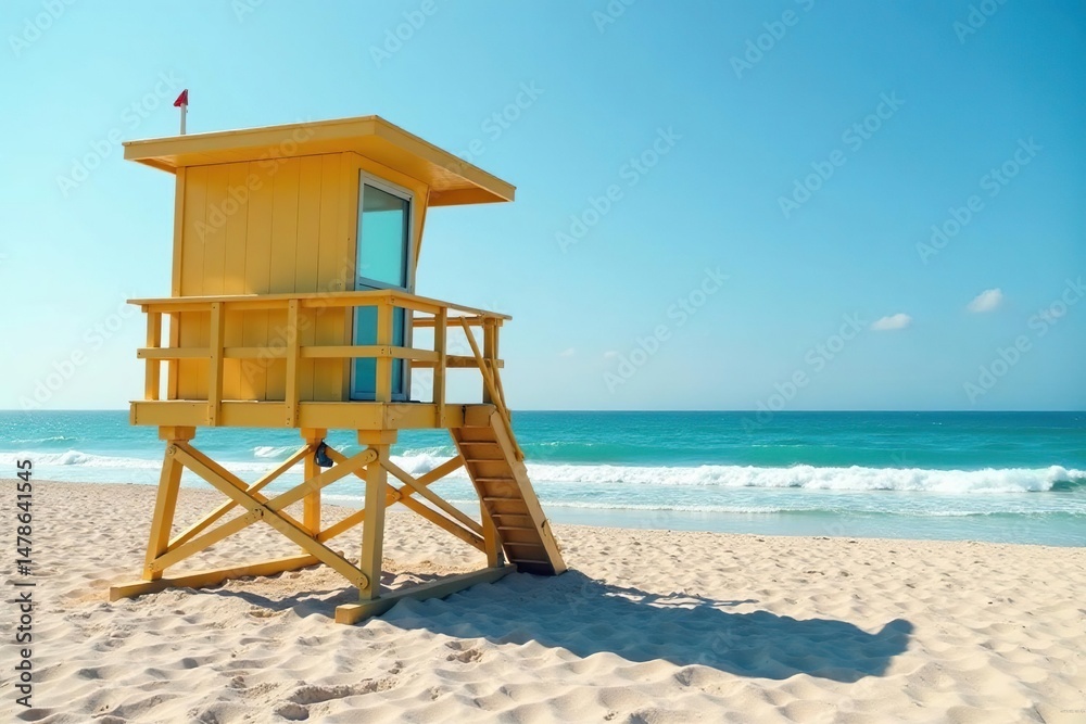 Lifeguard tower on a sunny beach, overlooking ocean waves , metal, outdoor Lifeguard tower on a sunny beach, overlooking ocean waves , metal, outdoor