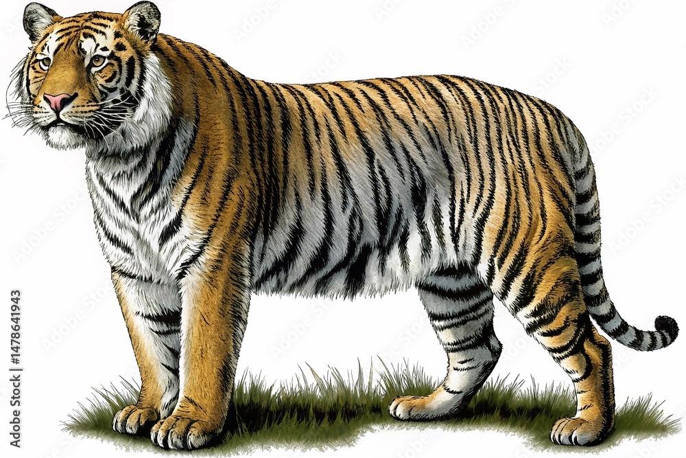 Obraz premium Majestic Tiger Standing on Grassy Landscape in Daylight – Vibrant Orange Fur and Black Stripes