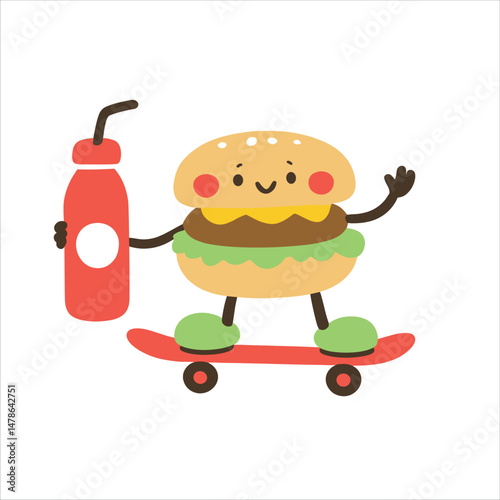 Cool Hamburger Mascot Skateboarding with Soda Bottle – Fun Fast Food Character Illustration