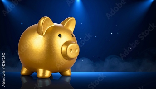 Golden piggy bank in spotlight with blue smoke and stars
