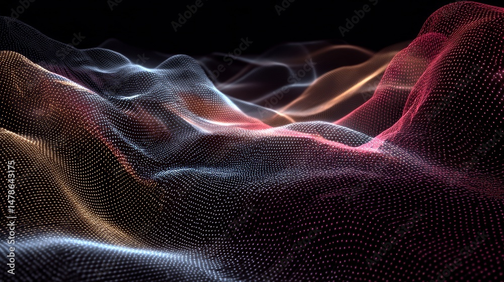 Fototapeta premium Abstract Vector Grid. Dynamic Moving Squares Wave. Abstract Sound Visualization. Big Data Flow Digital Structure. Grid Data Technology.