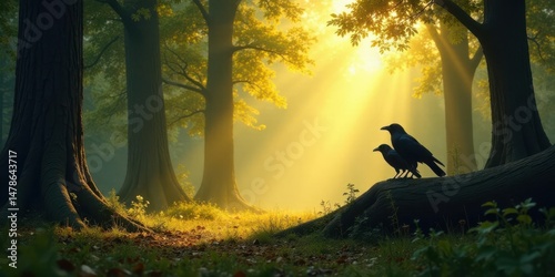 Serene forest scene at dawn, two birds perched on a fallen log, bathed in the golden rays of the rising sun, creating a mystical ambiance