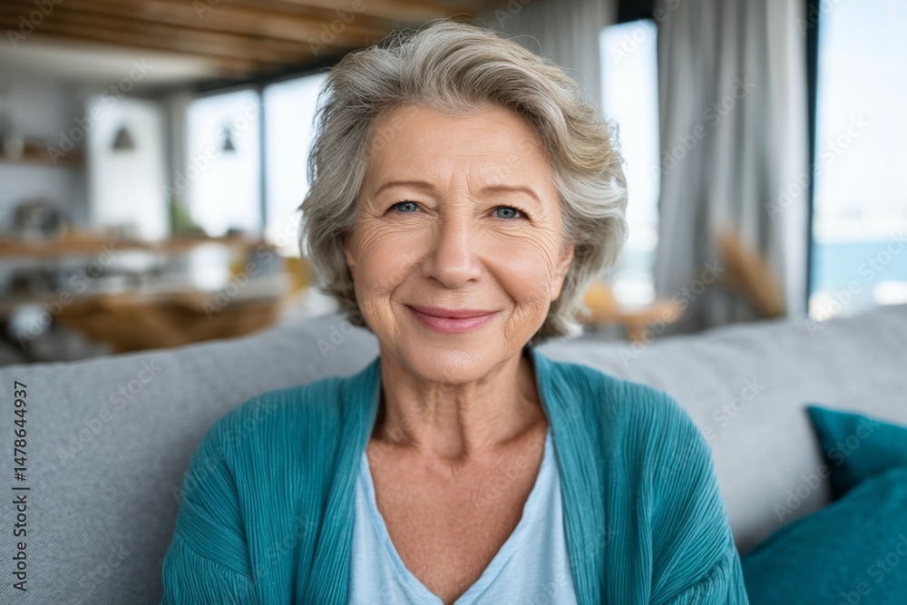 Fototapeta premium Elderly caucasian female smiling in cozy living room setting