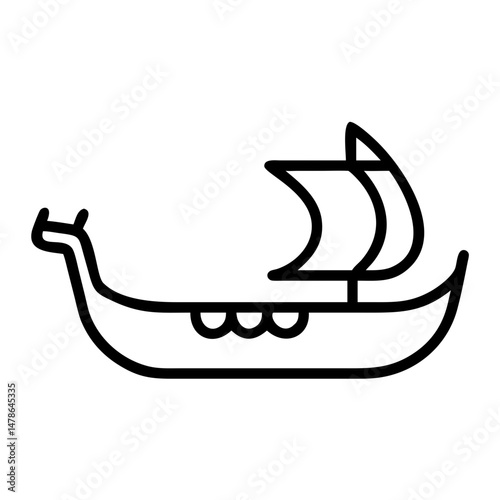 Line Icon of a Viking Ship with Sail, Historical Maritime Design