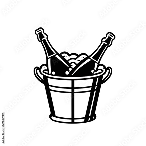 Champagne Bottle in Ice Bucket Icon – Celebration Drink Silhouette Vector