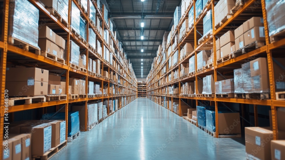 Fototapeta premium Interior of large warehouse with boxes on racks.