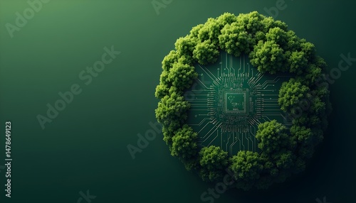 A green background with a circuit board-like structure composed of small trees, creating a circular shape