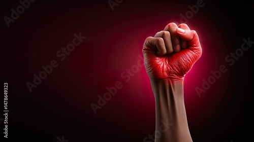 Red fist raised in defiance against a dark background symbolizing power