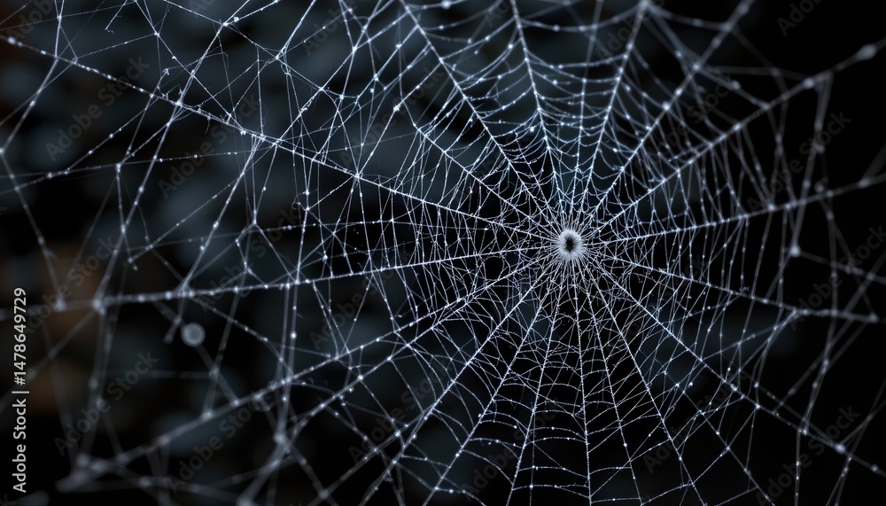 Obraz premium Intricate Spiderweb glistening with morning dew a detailed close up shot