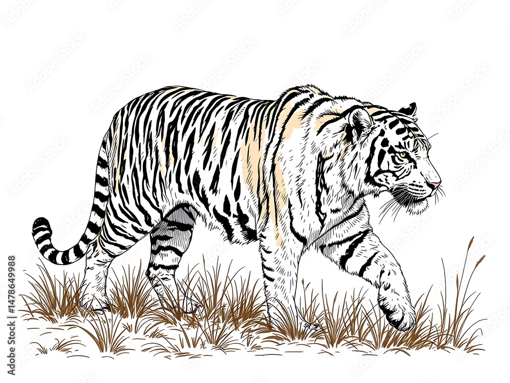 Obraz premium Tiger Walking Through Grass Illustration