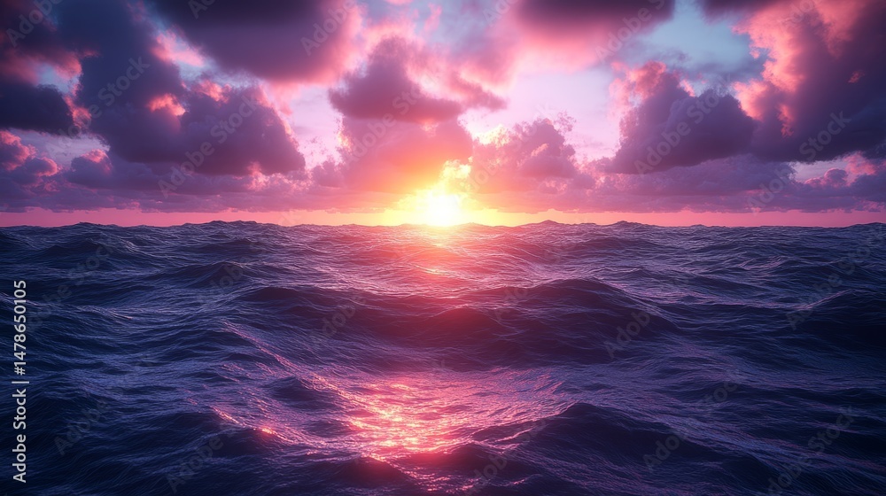 Obraz premium Ocean Sunset: Capturing the raw beauty of the ocean at sunset. The vast expanse of water is bathed in vibrant hues of orange, pink, and purple, as the sun dips below the horizon.